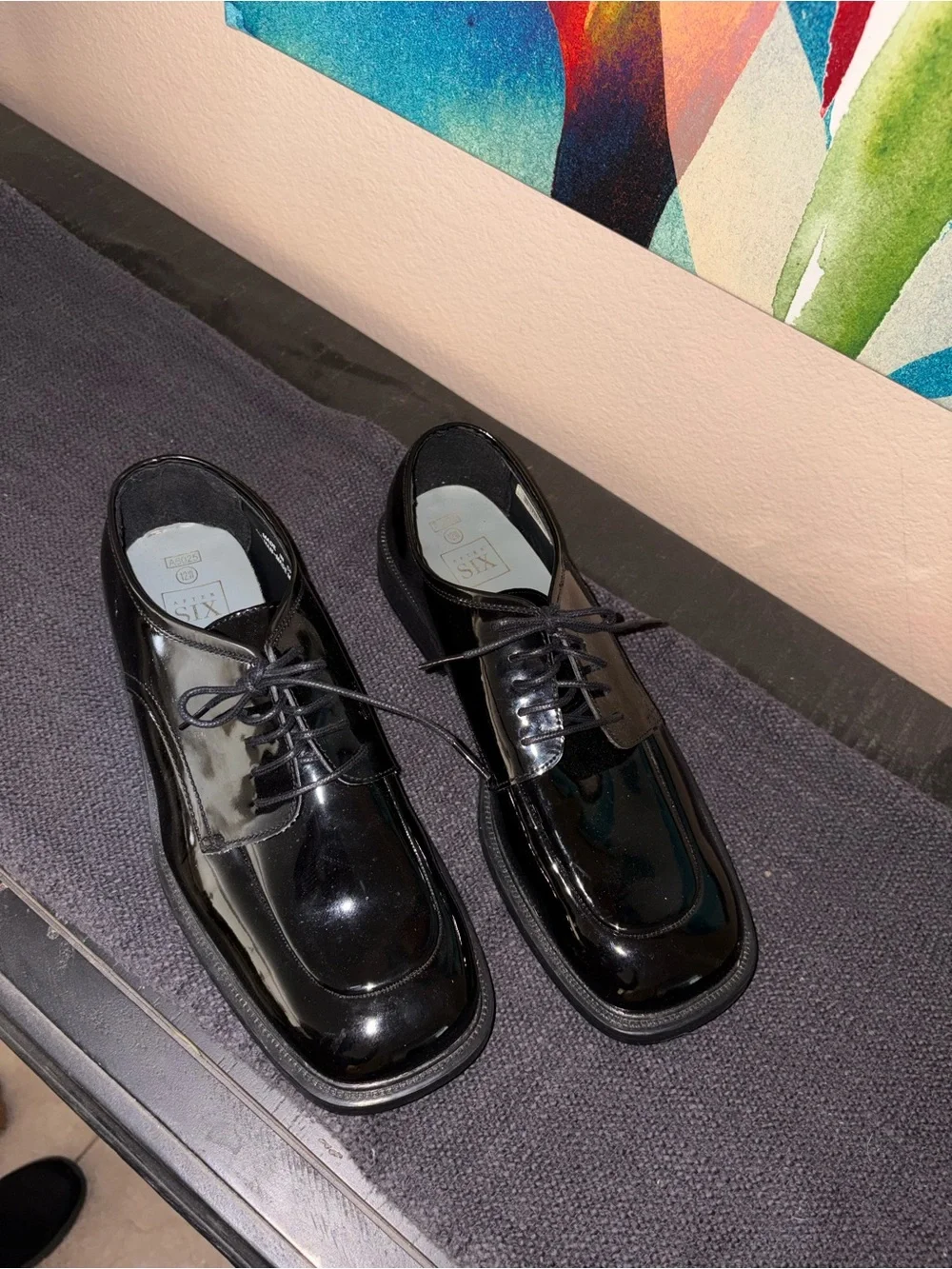 Men’s American Vintage Gloss Black Leather Dress Shoes Polished Oxfords, size 12